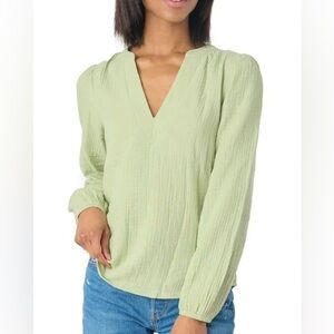 Gibsonlook | Sage Green 100% Gauze Split V-Neck Long Sleeve Blouse, Size S, NWT